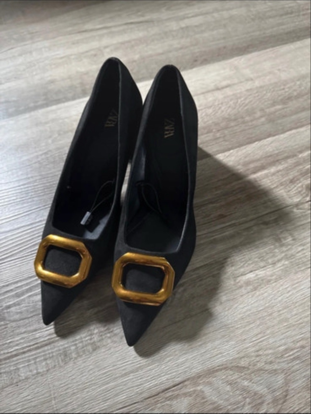 Zara Black Pointed Pumps with Gold Square Accent